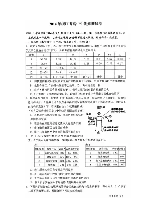 2014年浙江省高中生物竞赛试卷及参考答案(图片)