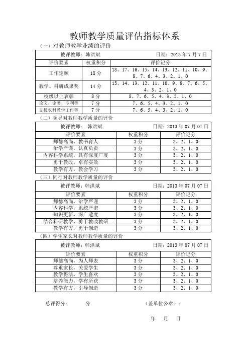教师教学质量评估指标体系