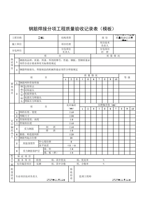 钢筋焊接分项工程质量验收记录表(模板)