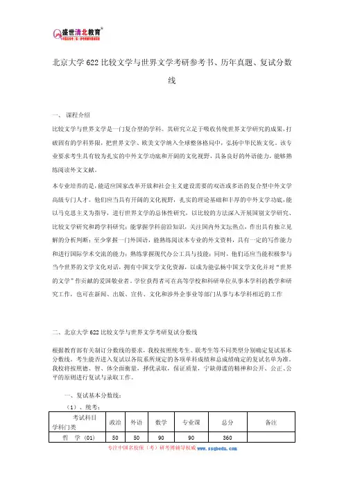 北京大学622比较文学与世界文学考研参考书、历年真题、复试分数线