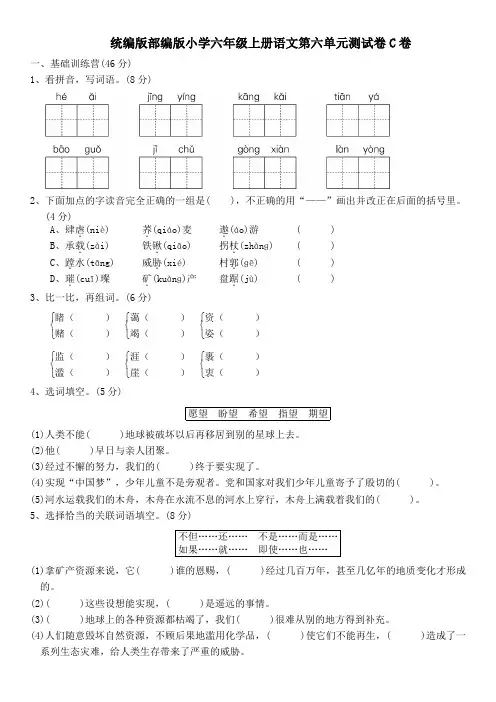统编版部编版小学六年级上册语文第六单元测试卷C卷及答案