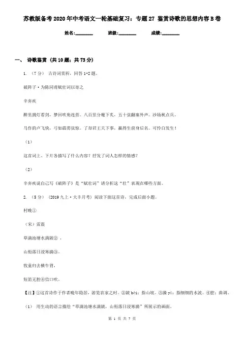 苏教版备考2020年中考语文一轮基础复习：专题27 鉴赏诗歌的思想内容B卷