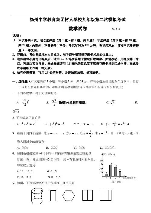 扬州中学教育集团树人学校2017年九年级第二次模拟数学试卷