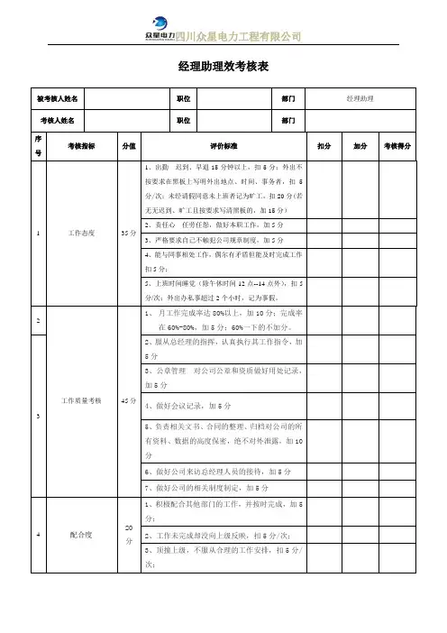 总经理助理绩效考核表