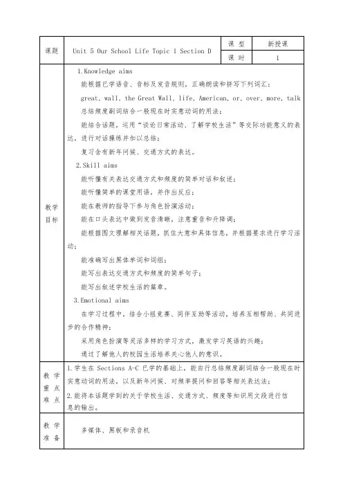 仁爱版七年级英语下册全册教案Unit 5 Our School Life Topic 1 Section D