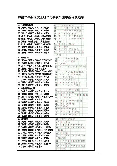 部编二年级语文上册“写字表“生字组词及笔顺