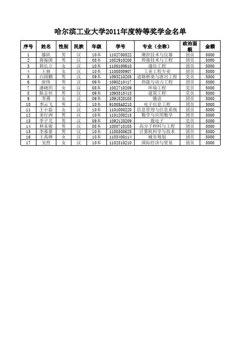 哈尔滨工业大学2011年度特等奖学金公示名单