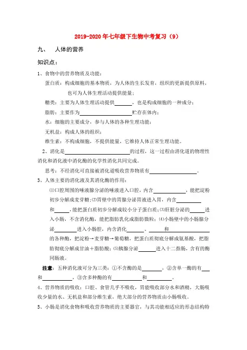 2019-2020年七年级下生物中考复习(9)