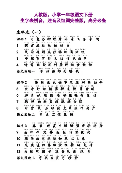 人教版,小学一年级语文下册,生字表拼音,注音及组词完整版,高分必备
