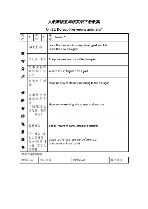 (人教新版)五年级英语下册教案Lesson3(2)