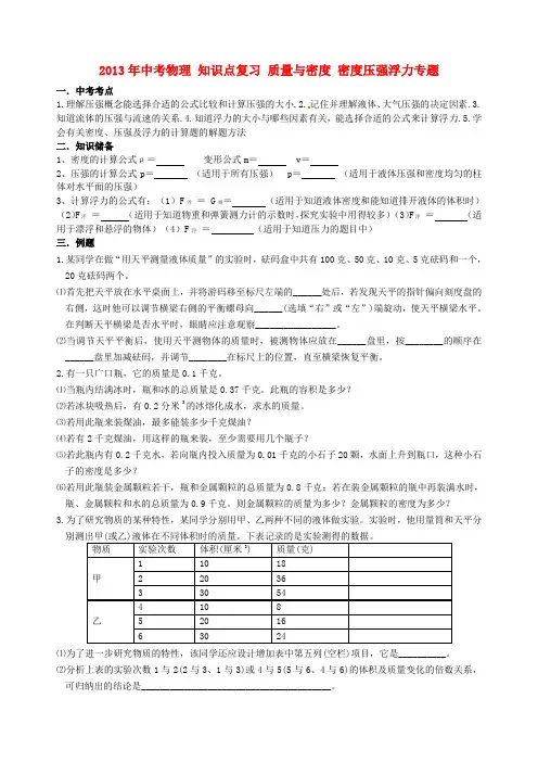 中考物理 知识点复习 质量与密度 密度压强浮力专题