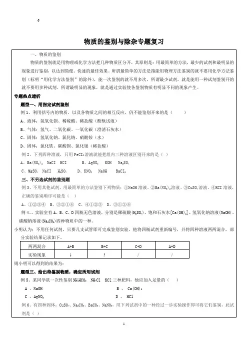(完整版)初三化学-物质的鉴别与除杂专题练习