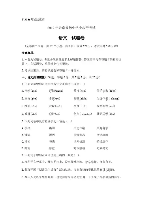 云南中考语文答案 2019中考真题及答案