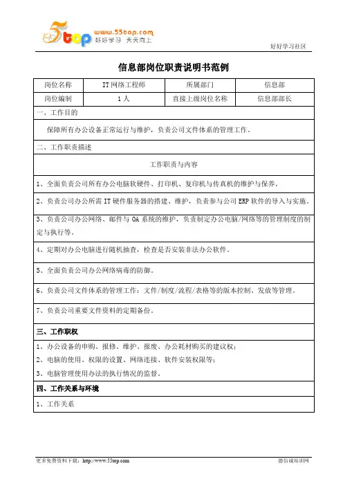 IT网络工程师岗位职责说明书