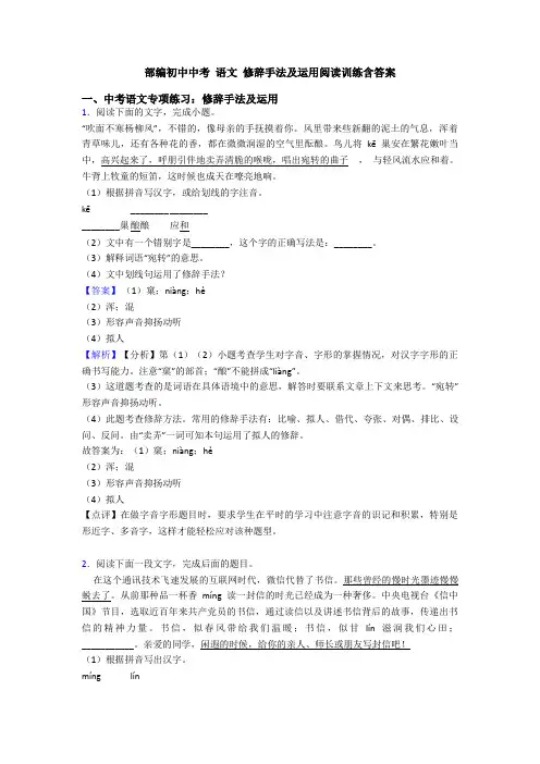 部编初中中考 语文 修辞手法及运用阅读训练含答案
