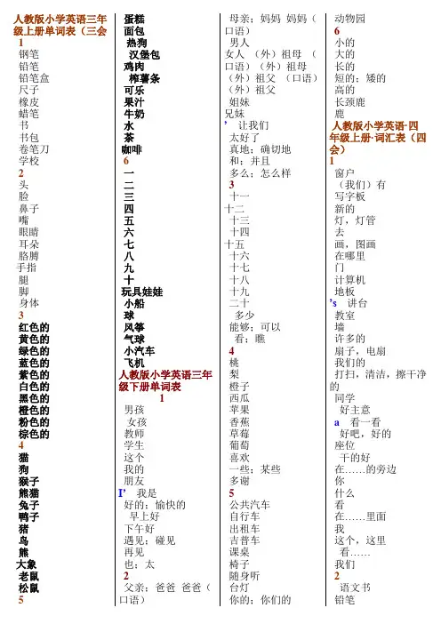 人教版小学英语全部单词表