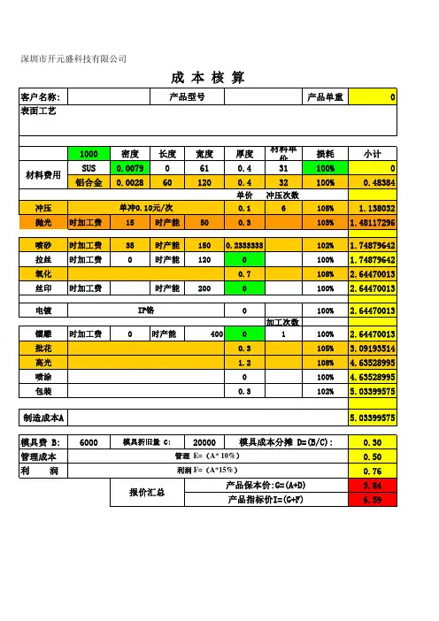 五金成本核算表