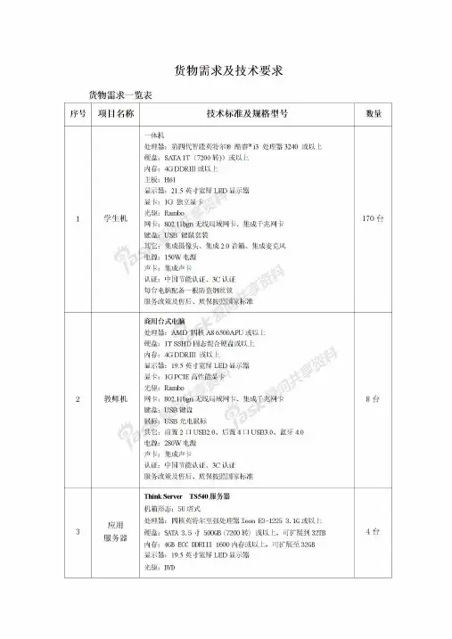 货物需求及技术要求