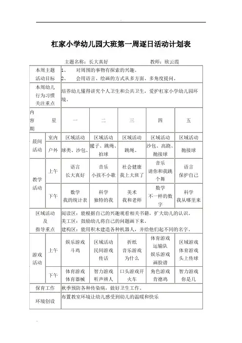 大班周计划表