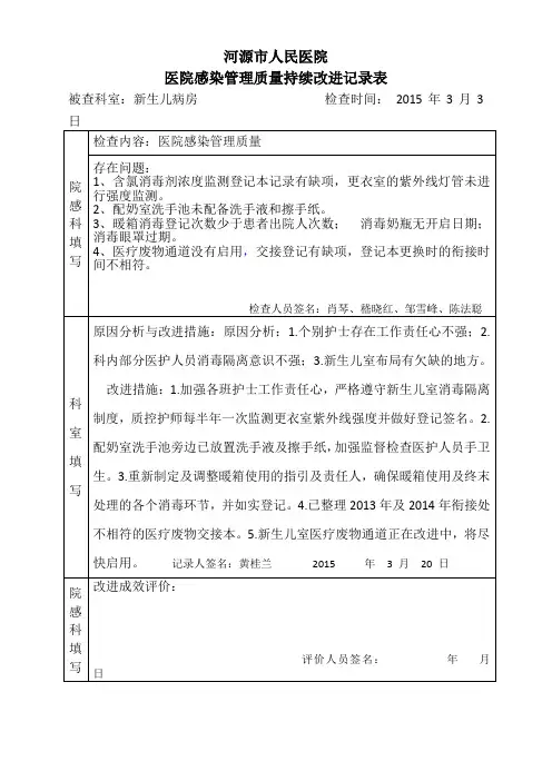 院感管理质量持续改进记录表(新生儿)