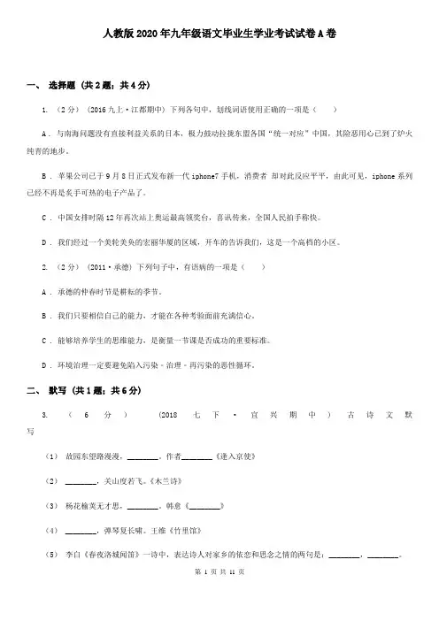人教版2020年九年级语文毕业生学业考试试卷A卷