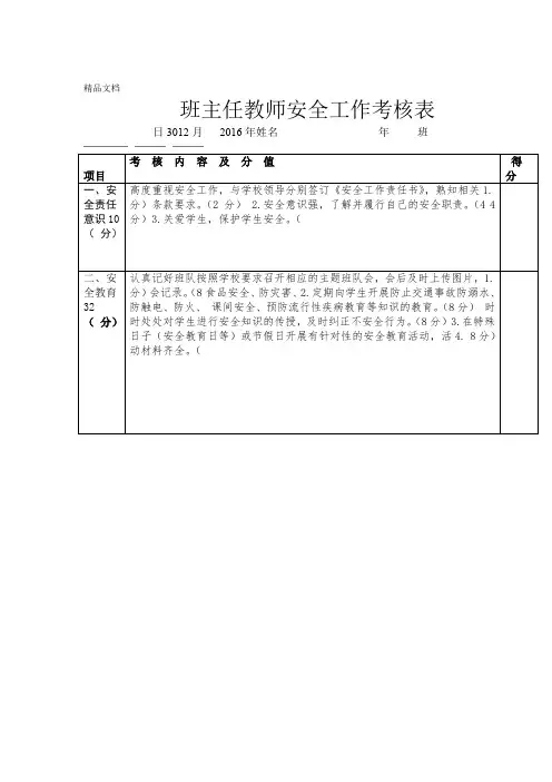 教师安全工作考核表资料