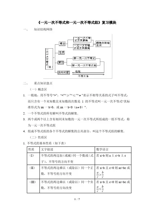 北师大八年级数学下册第二章《一元一次不等式和一元一次不等式组》复习模块