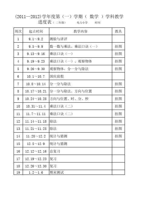 二年级数学上学期教学进度表