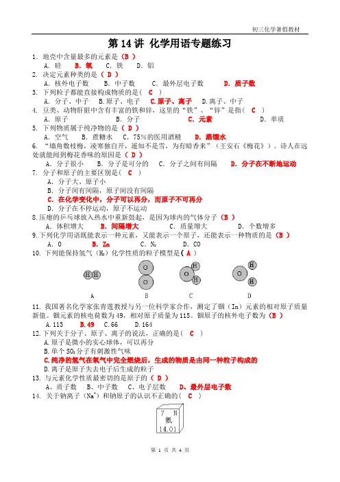 八升九化学暑假衔接班讲义(答案版) 第14讲 化学用语专题练习