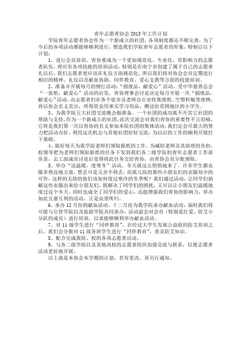 青年志愿者协会2013年工作计划
