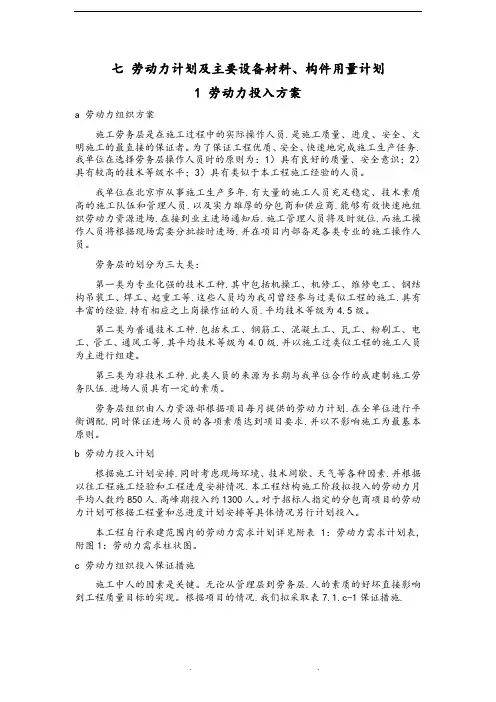 劳动力计划和主要设备材料、构件用量最终