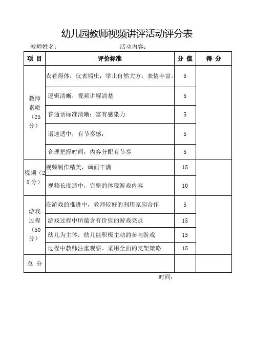 幼儿园教师视频讲评活动评分表
