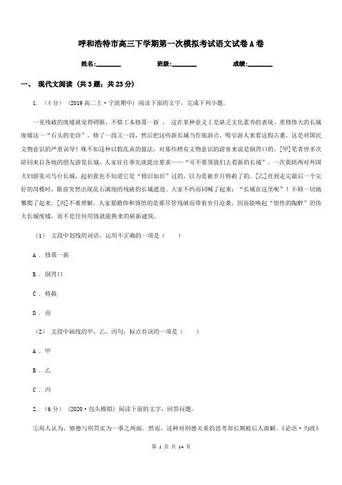 呼和浩特市高三下学期第一次模拟考试语文试卷A卷