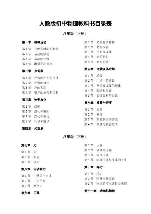 人教版初中物理教科书目录表