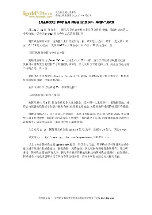 【贵金属投资】国际金价低位承压,月线料二度收低