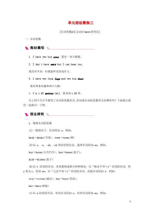 2020最新七年级英语上册 Unit 3 Body Parts and Feelings语法聚焦三同步练习 (新版)冀教版
