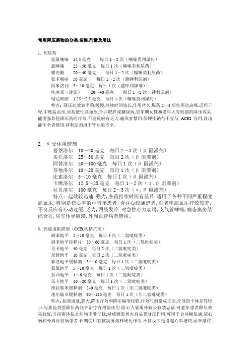 常用降压药物的分类,名称,剂量及用法[1]