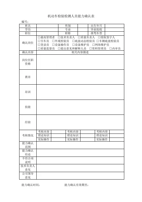 机动车检验检测人员能力确认表