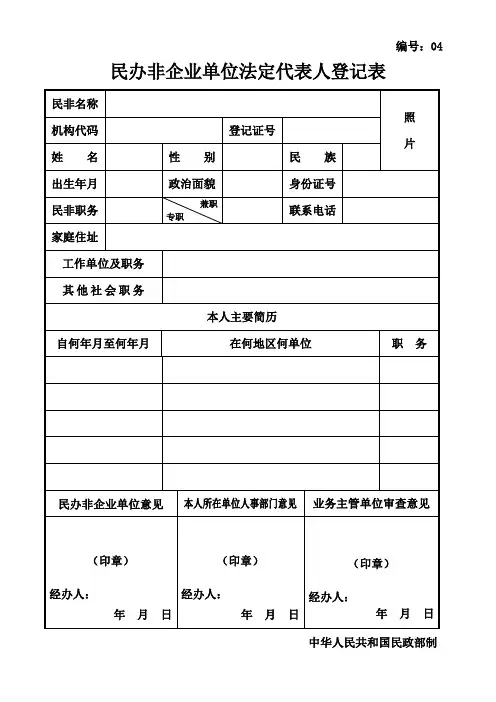 河北省民办非企业单位法定代表人登记表
