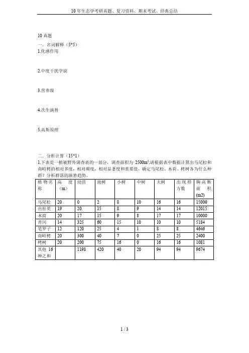 10年生态学考研真题、复习资料、期末考试、经典总结