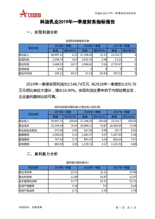 科迪乳业2019年一季度财务指标报告