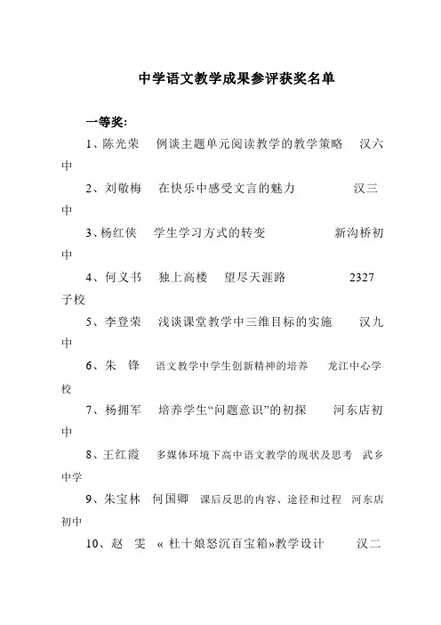 中学语文教学成果参评获奖名单