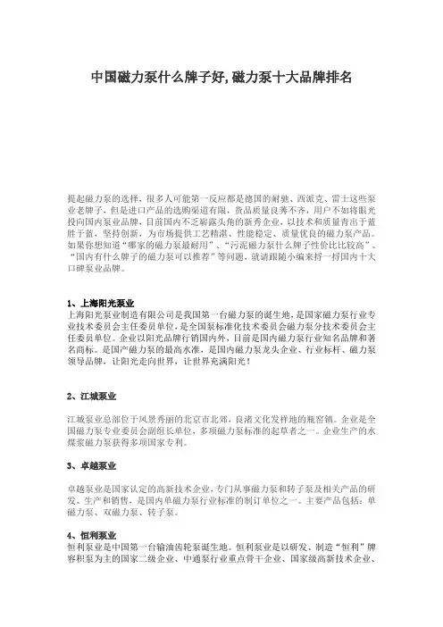 中国磁力泵什么牌子好,磁力泵十大品牌排名