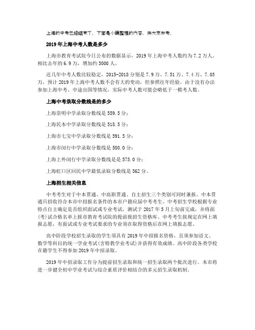 2021年上海中考人数是多少 录取分数线是的多少