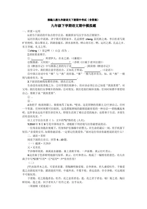 部编人教九年级语文下册期中考试(含答案)