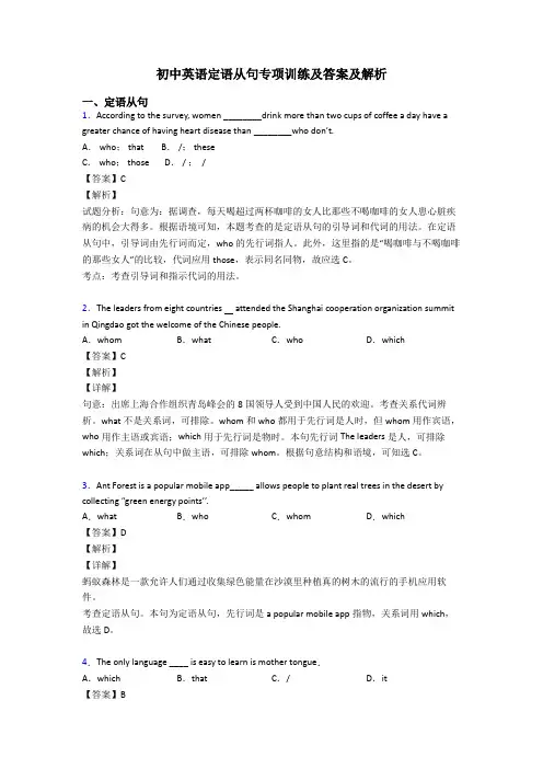 初中英语定语从句专项训练及答案及解析