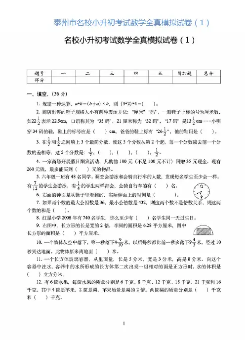 泰州市2019-2020名校小升初考试数学全真模拟试卷附详细答案(1)