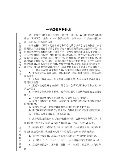 人教版一年级上册数学教学进度计划