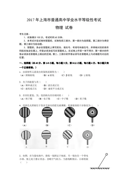 2017年上海市普通高中学业水平等级性考试物理试题