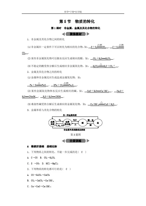 浙教版-科学-九年级上册-2018年秋九年级科学上册第2章第5节第1课时非金属、金属及其化合物的转化练习